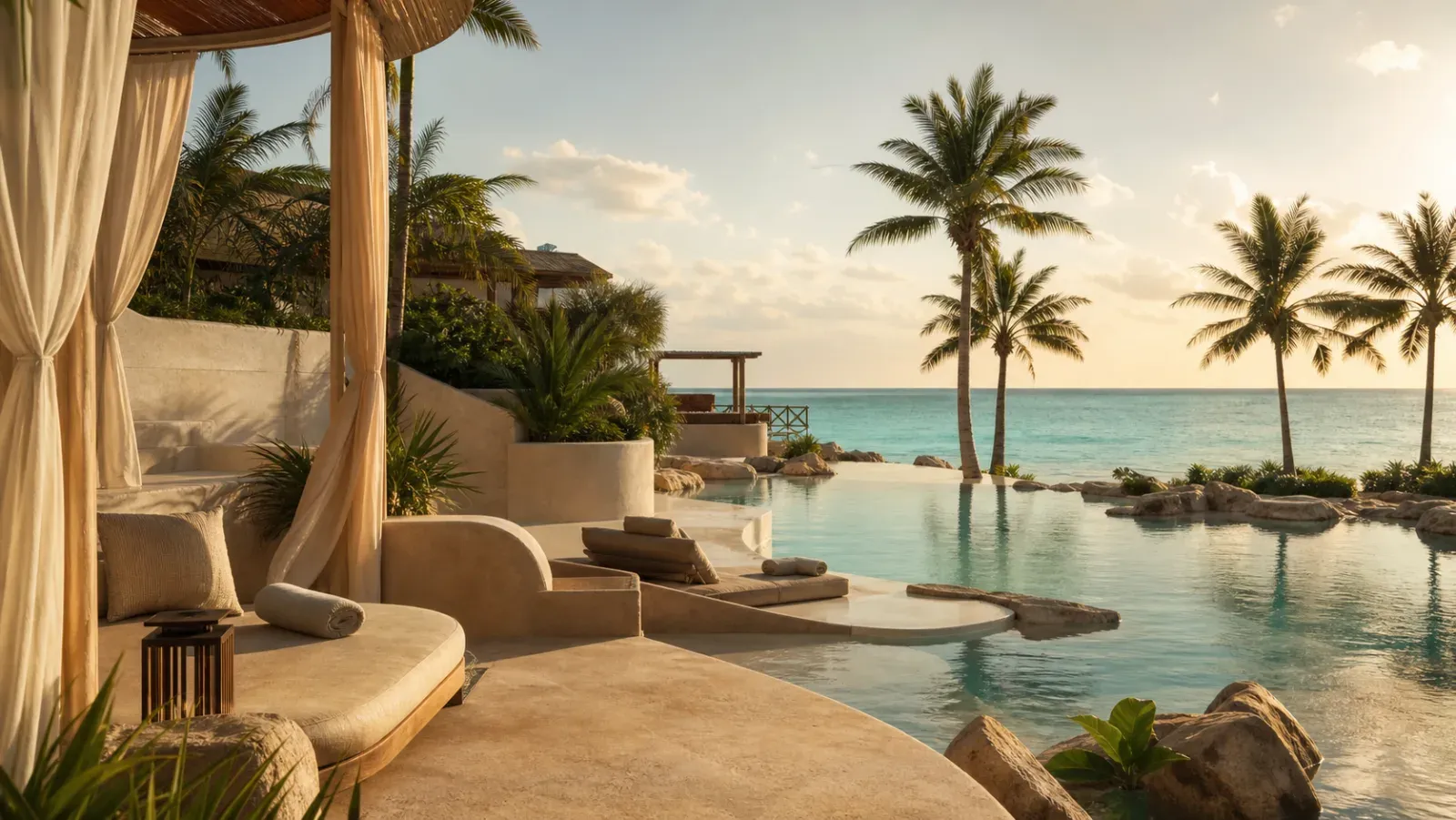 Generic Caribbean pool terrace, used as a placeholder and not a photograph of Desire Riviera Maya Resort