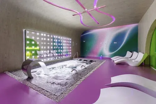 Hydrotherapy pool and sculptural loungers inside the spa